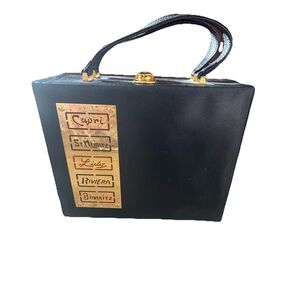 VTG Italian Black Leather Hard Box Handbag Purse Capri St Moritz Riviera Plaque